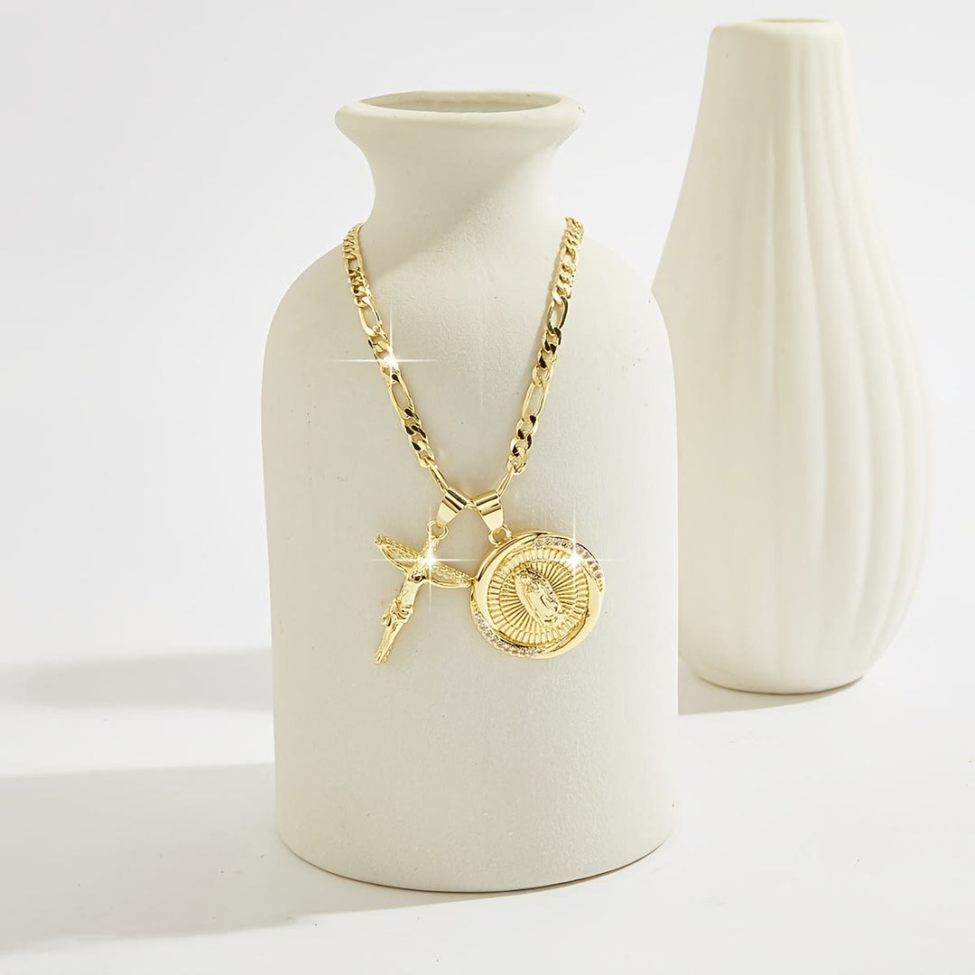 Christianartworkshop Double Pendant Necklace with Zircon-Encircled Our Lady Medallion & Polished Cross Charm - image 7