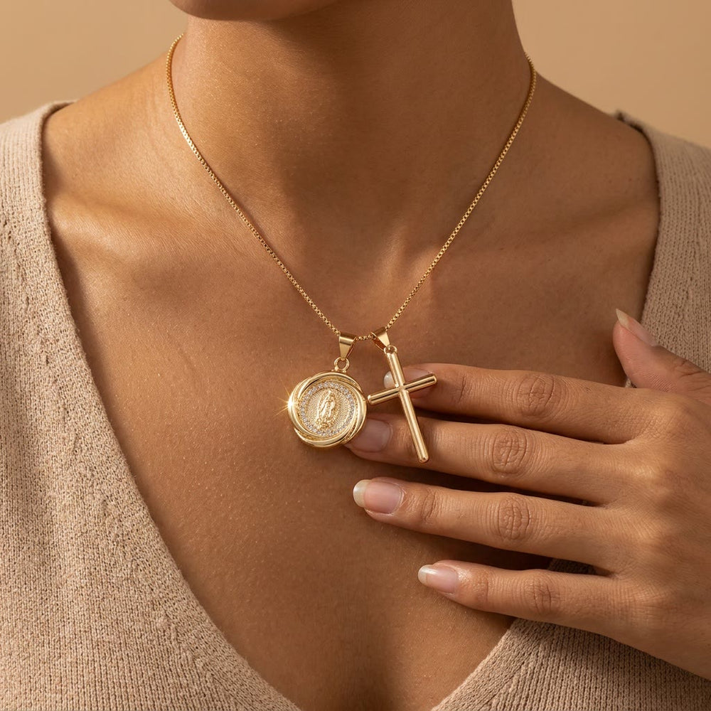 FREE Today: Double Pendant Necklace with Zircon-Encircled Our Lady Medallion & Polished Cross Charm - image 1