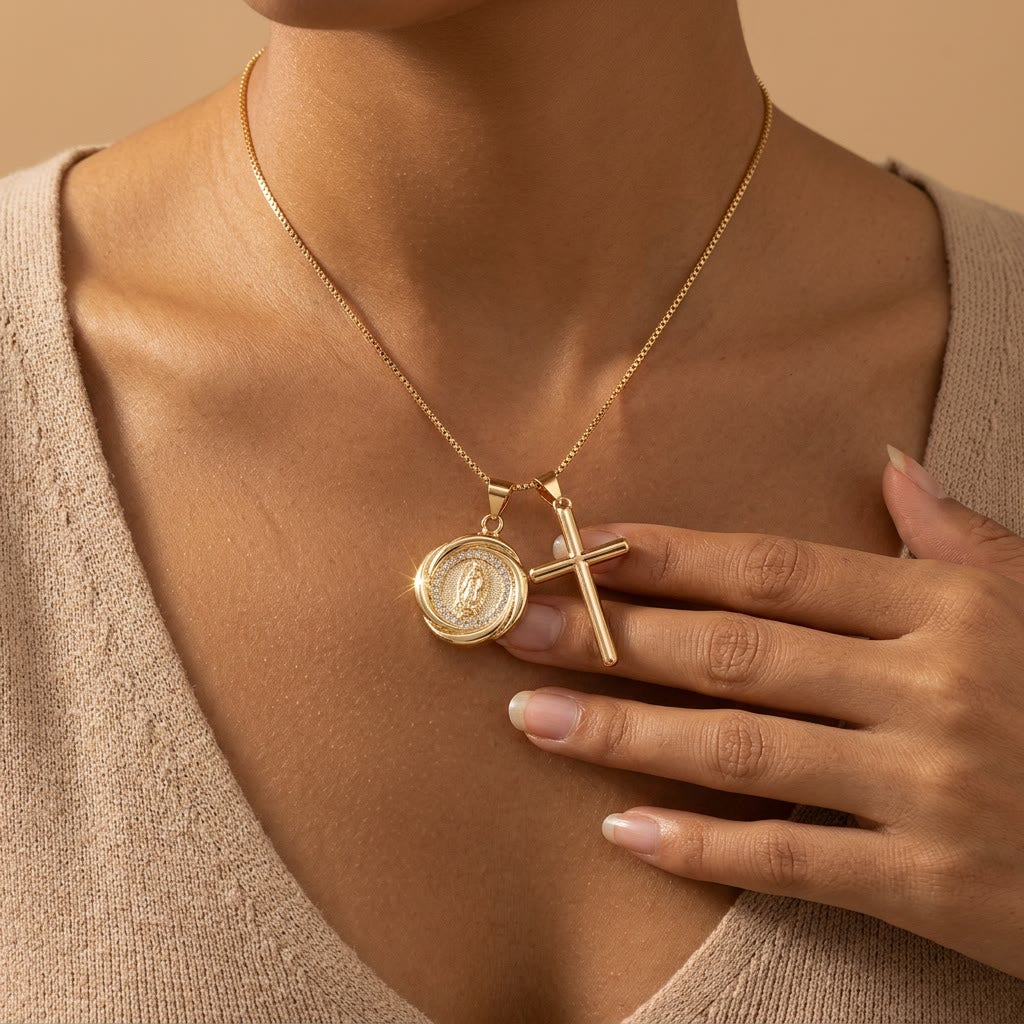Christianartworkshop Double Pendant Necklace with Zircon-Encircled Our Lady Medallion & Polished Cross Charm - image 1
