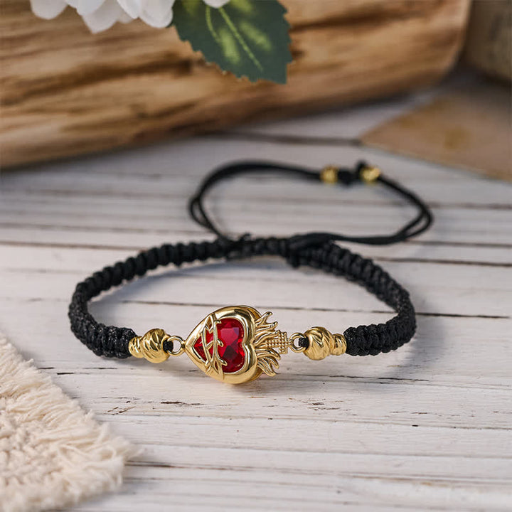 Christianartworkshop Braided Cord Sacred Heart Brass Bracelet: Emblem of Sacred Heavenly Devotion - Black - Sacred Heart E - image 6