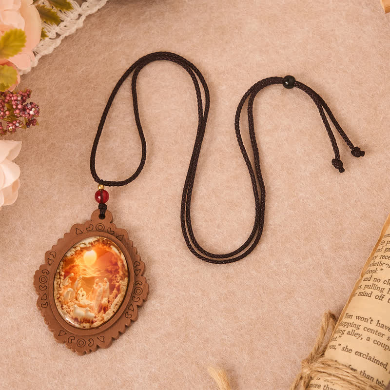 Christianartworkshop Wooden-Framed Glass Nativity Pendant Necklace: Symbol of Tender Heavenly Grace - image 1
