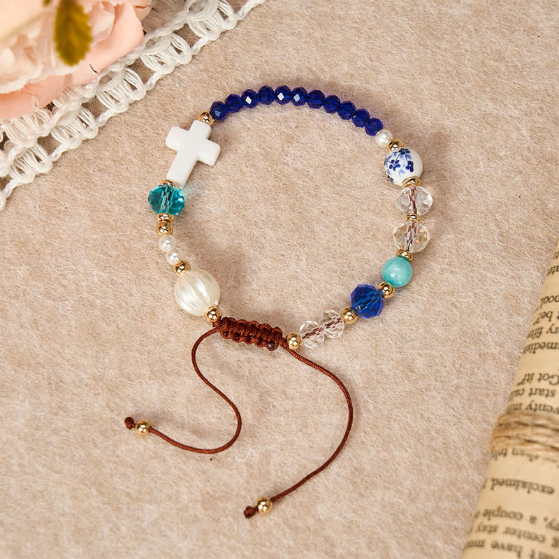 Christianartworkshop Dainty Mixed Crystal Bead Cross Bracelet: Emblem of Steadfast Heavenly Mercy - Blue Chalcedony - image 0