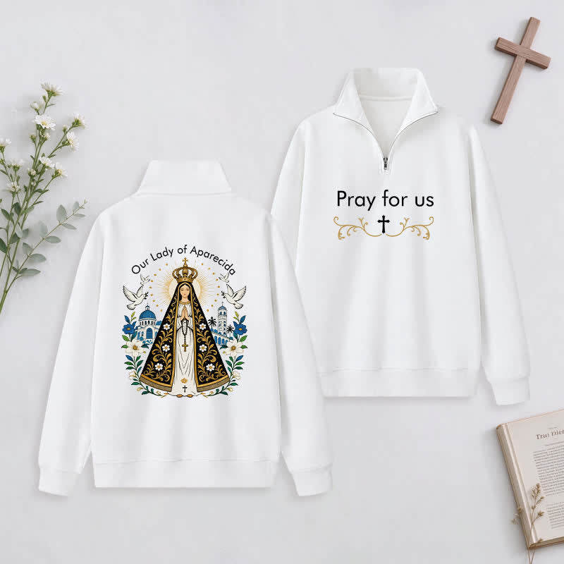 Christianartworkshop Pray For Us Gold Cross Half-Zip Pullover - White - 3XL - image 0