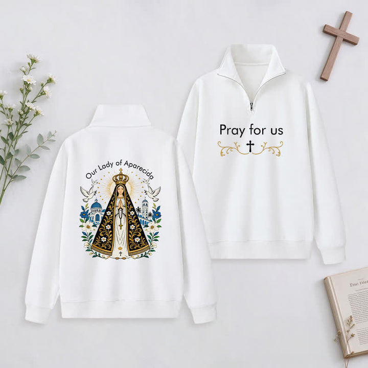 Christianartworkshop Pray For Us Gold Cross Half-Zip Pullover - White - 3XL - image 0