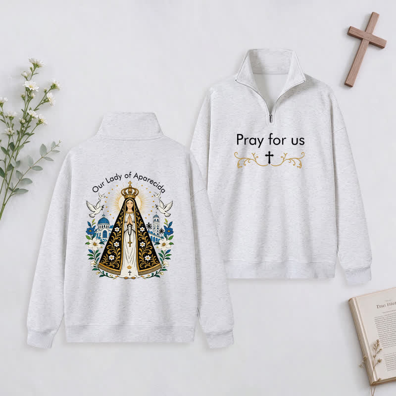Christianartworkshop Pray For Us Gold Cross Half-Zip Pullover - Light Grey - 3XL - image 23