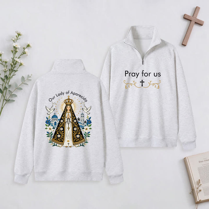 Christianartworkshop Pray For Us Gold Cross Half-Zip Pullover - Light Grey - 3XL - image 23