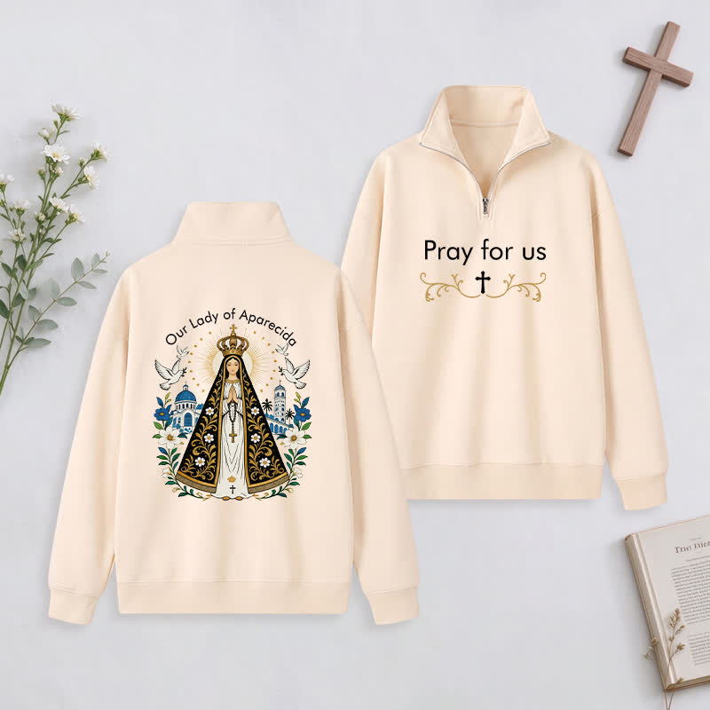 Christianartworkshop Pray For Us Gold Cross Half-Zip Pullover - Beige - 3XL - image 4