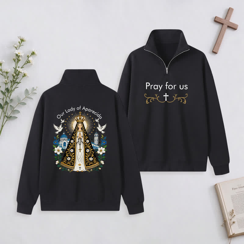 Christianartworkshop Pray For Us Gold Cross Half-Zip Pullover - Black - 3XL - image 12