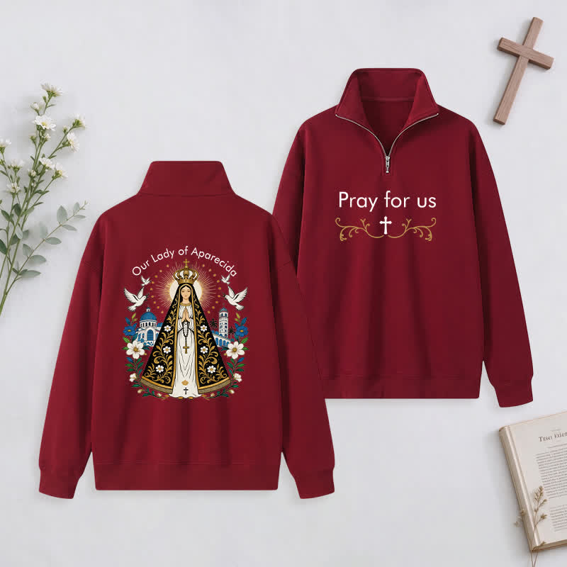 Christianartworkshop Pray For Us Gold Cross Half-Zip Pullover - Wine - 3XL - image 8