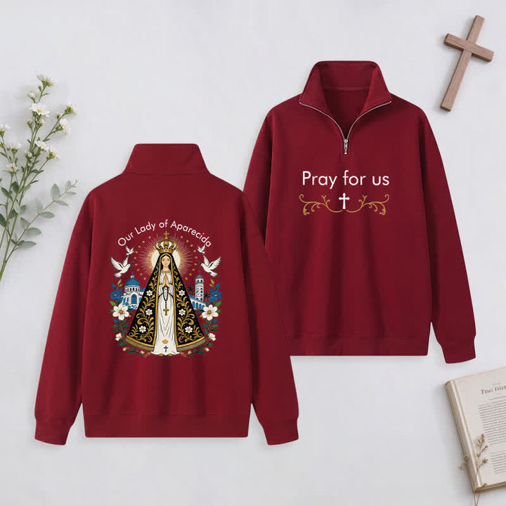 Christianartworkshop Pray For Us Gold Cross Half-Zip Pullover - Wine - 3XL - image 8
