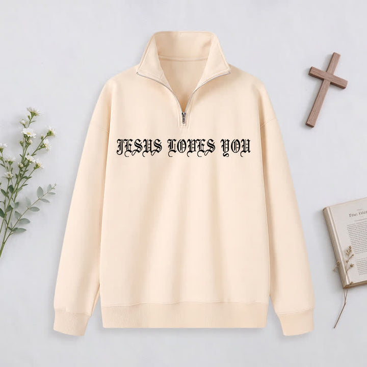 Christianartworkshop Jesus Loves You Gothic Lettering Half-Zip Pullover - image 6
