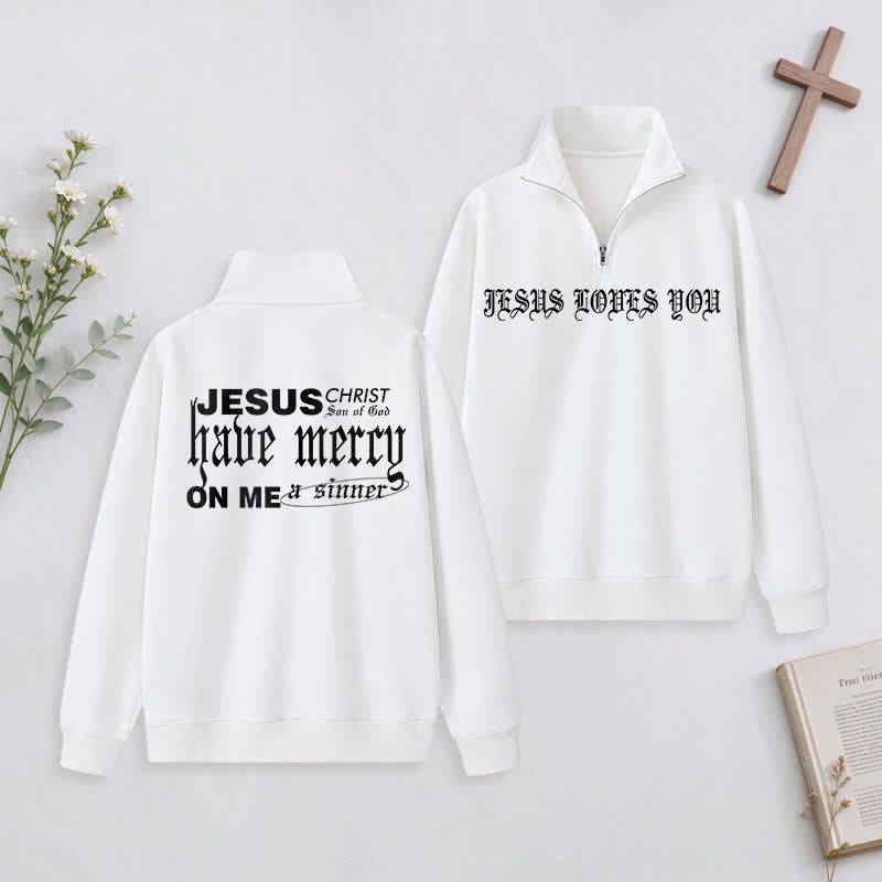 Christianartworkshop Jesus Loves You Gothic Lettering Half-Zip Pullover - White - 3XL - image 0