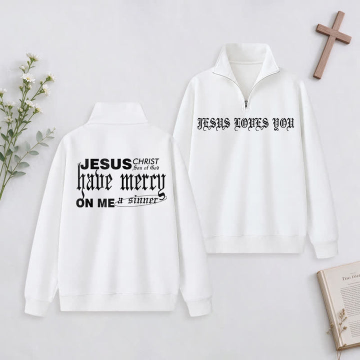 Christianartworkshop Jesus Loves You Gothic Lettering Half-Zip Pullover - White - 3XL - image 0