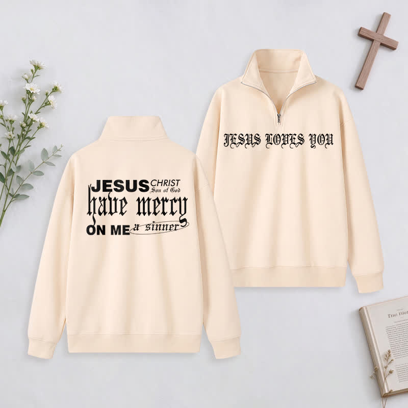 Christianartworkshop Jesus Loves You Gothic Lettering Half-Zip Pullover - Beige - 3XL - image 4