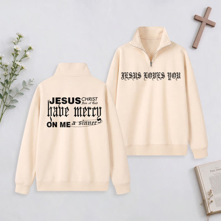 Christianartworkshop Jesus Loves You Gothic Lettering Half-Zip Pullover - Beige - 3XL - image 4