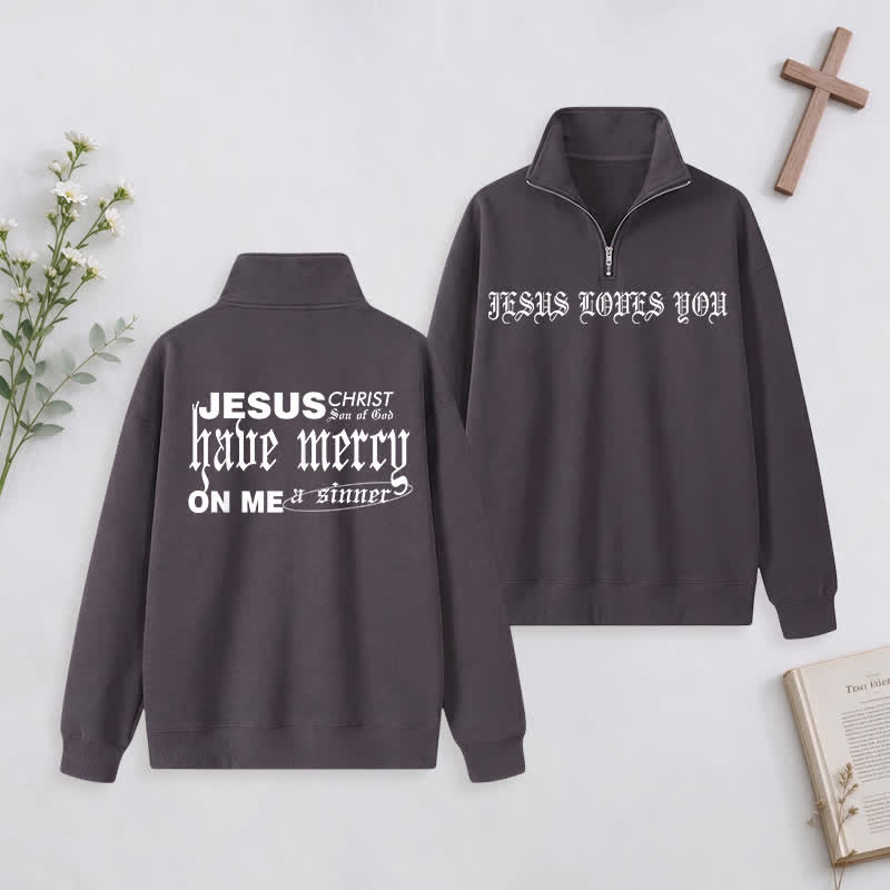 Christianartworkshop Jesus Loves You Gothic Lettering Half-Zip Pullover - Dark Grey - 3XL - image 23