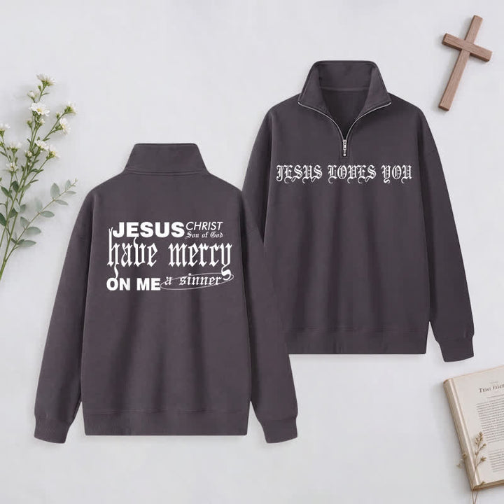 Christianartworkshop Jesus Loves You Gothic Lettering Half-Zip Pullover - Dark Grey - 3XL - image 23