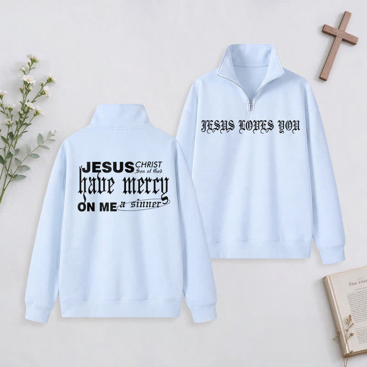 Christianartworkshop Jesus Loves You Gothic Lettering Half-Zip Pullover - Sky Blue - 3XL - image 16
