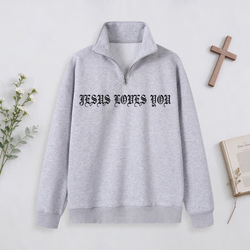 Christianartworkshop Jesus Loves You Gothic Lettering Half-Zip Pullover - image 31