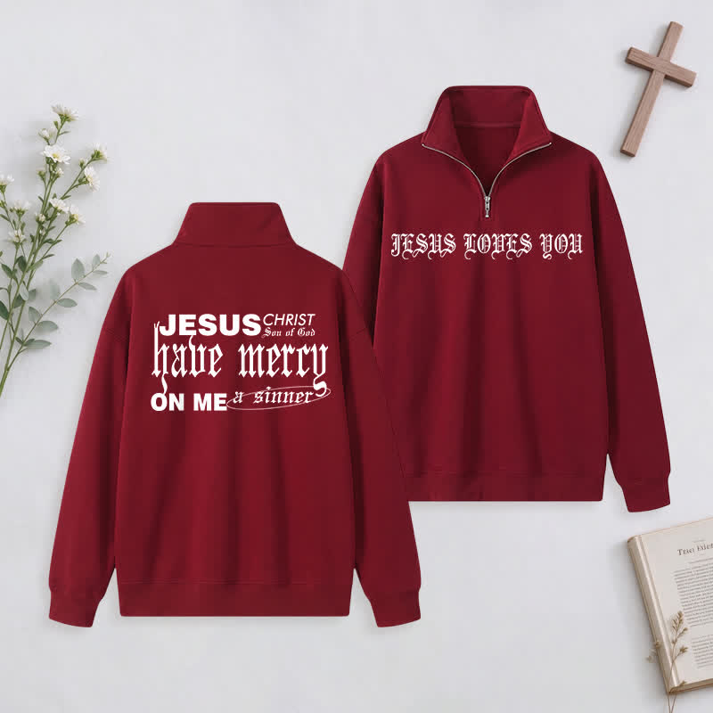 Christianartworkshop Jesus Loves You Gothic Lettering Half-Zip Pullover - Wine - 3XL - image 8