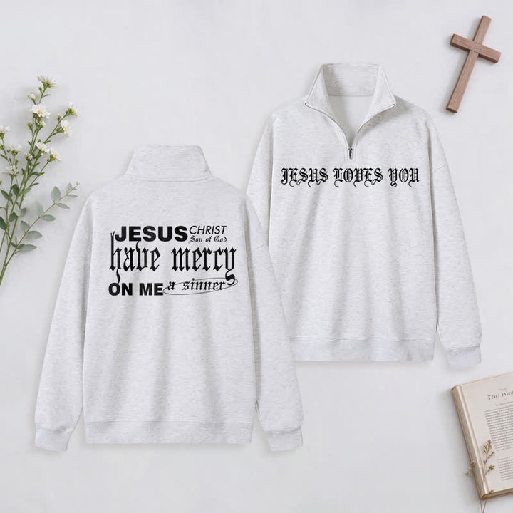 Christianartworkshop Jesus Loves You Gothic Lettering Half-Zip Pullover - Light Grey - 3XL - image 26