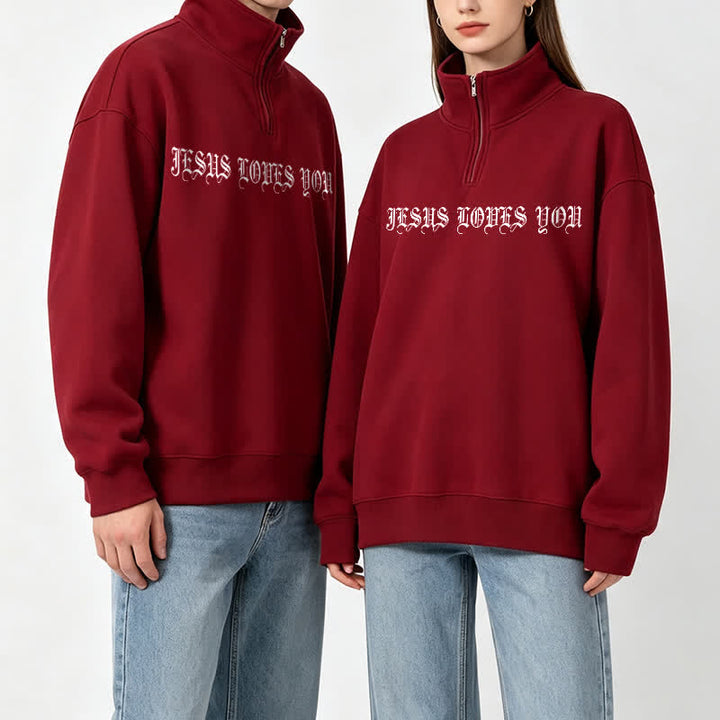 Christianartworkshop Jesus Loves You Gothic Lettering Half-Zip Pullover - image 11