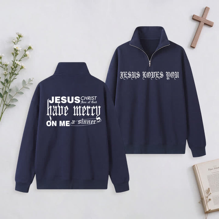 Christianartworkshop Jesus Loves You Gothic Lettering Half-Zip Pullover - Navy Blue - 3XL - image 20
