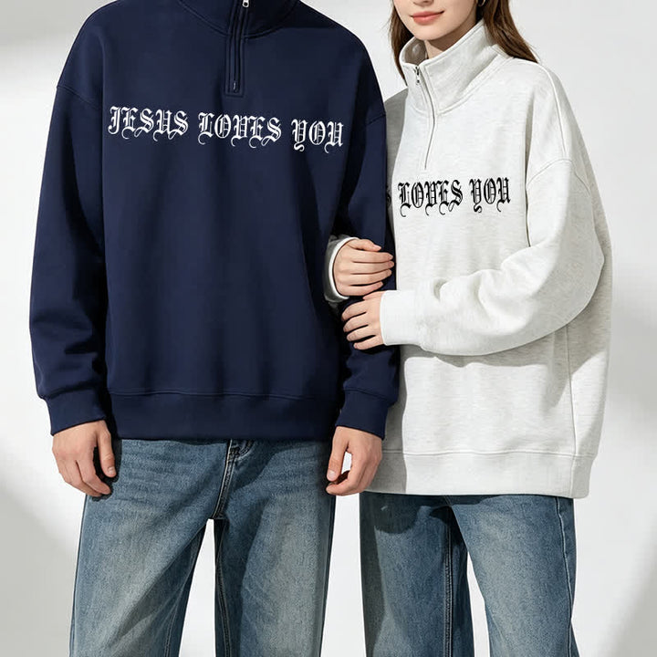 Christianartworkshop Jesus Loves You Gothic Lettering Half-Zip Pullover - image 3
