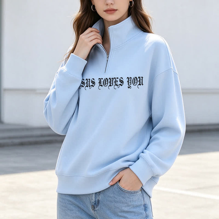 Christianartworkshop Jesus Loves You Gothic Lettering Half-Zip Pullover - image 19