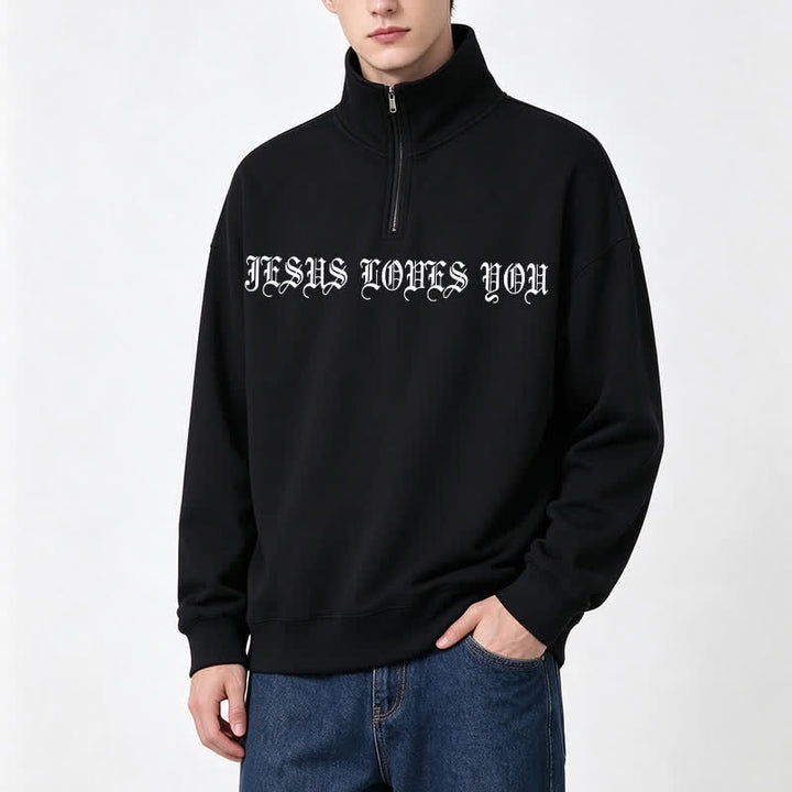 Christianartworkshop Jesus Loves You Gothic Lettering Half-Zip Pullover - image 15