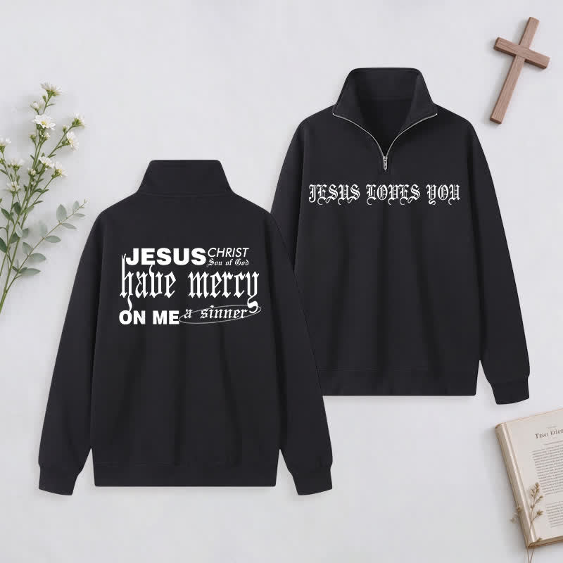 Christianartworkshop Jesus Loves You Gothic Lettering Half-Zip Pullover - Black - 3XL - image 12