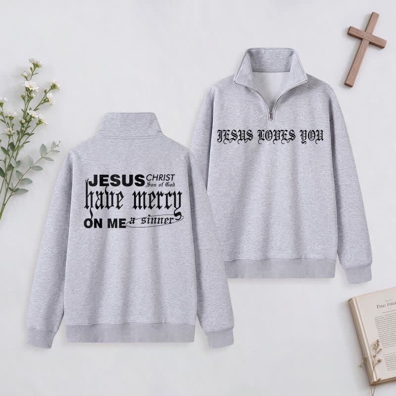 Christianartworkshop Jesus Loves You Gothic Lettering Half-Zip Pullover - Grey - 3XL - image 29