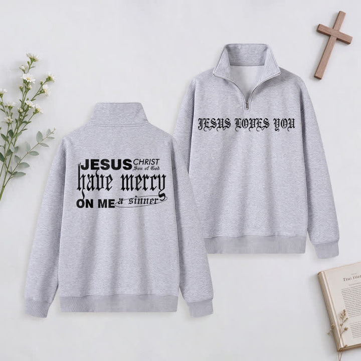 Christianartworkshop Jesus Loves You Gothic Lettering Half-Zip Pullover - Grey - 3XL - image 29