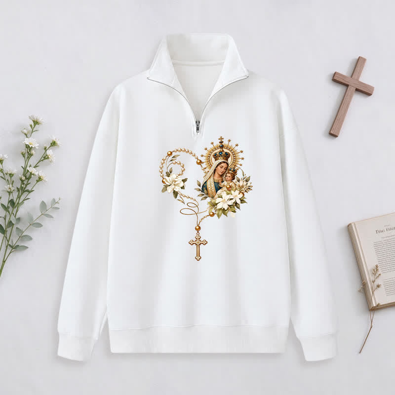 Christianartworkshop Vintage Madonna And Child Floral Half-Zip Pullover - White - 3XL - image 0