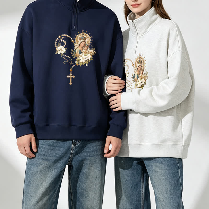 Christianartworkshop Vintage Madonna And Child Floral Half-Zip Pullover - image 1