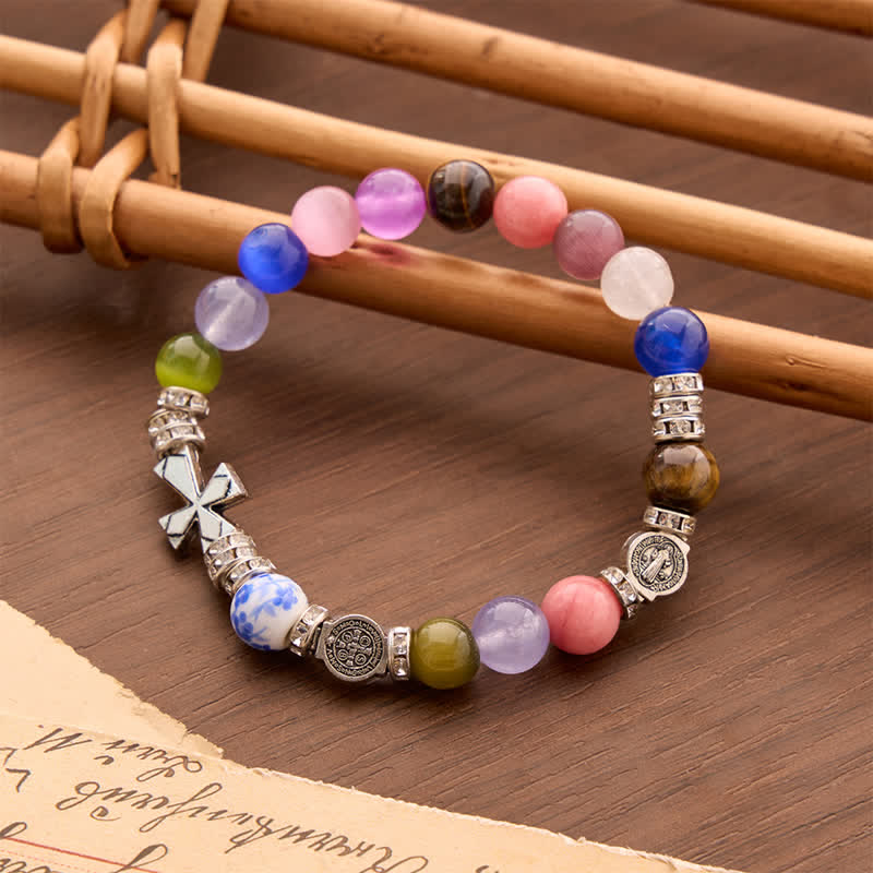 Christianartworkshop St. Benedict Medal Agate Cross Bracelet: Carrier of Soothing Sacred Blessing - St. Benedict & Cross - image 0