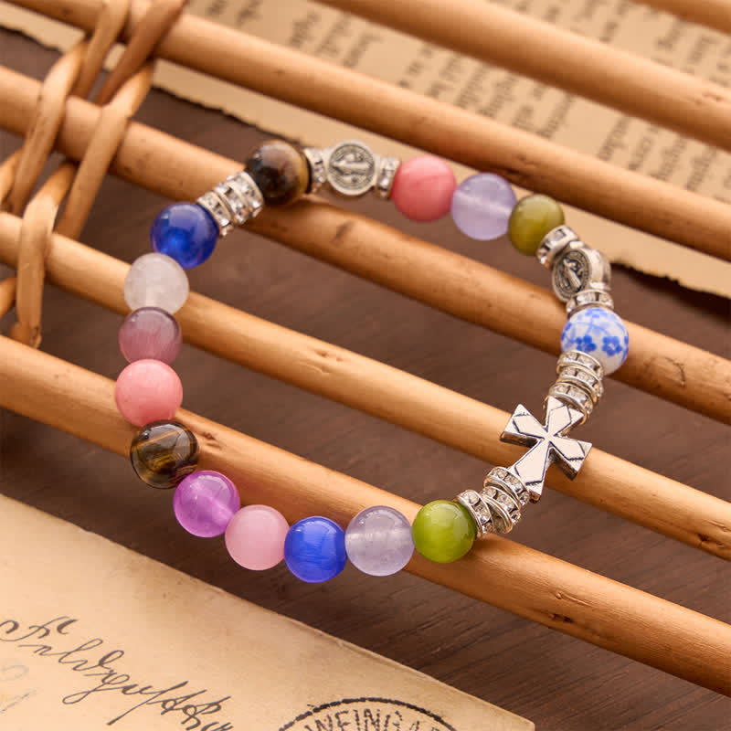 Christianartworkshop St. Benedict Medal Agate Cross Bracelet: Carrier of Soothing Sacred Blessing - image 1