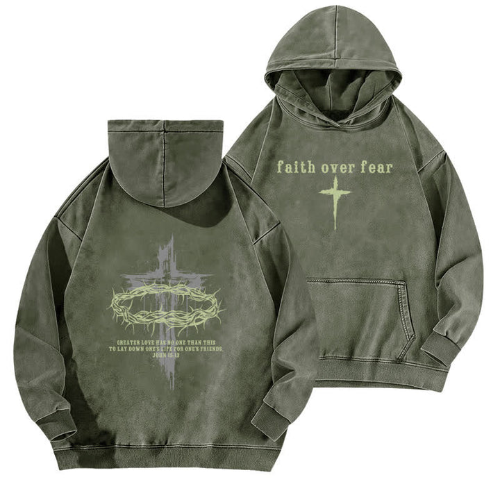 Christianartworkshop Faith Over Fear Crown Cross Black Washed Hoodie - Army Green - 5XL - image 12