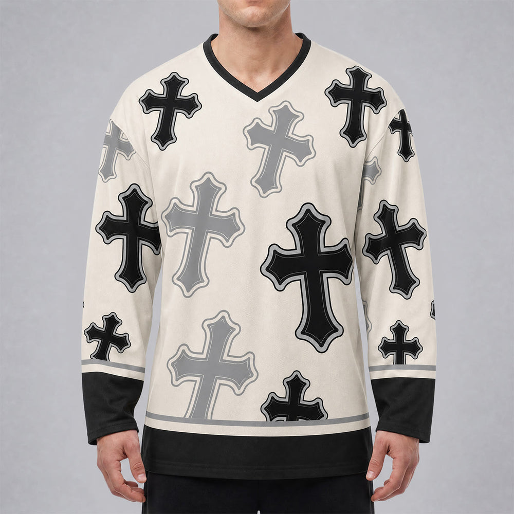 Christianartworkshop Vintage Cross Print V Neck Hockey Jersey - image 1