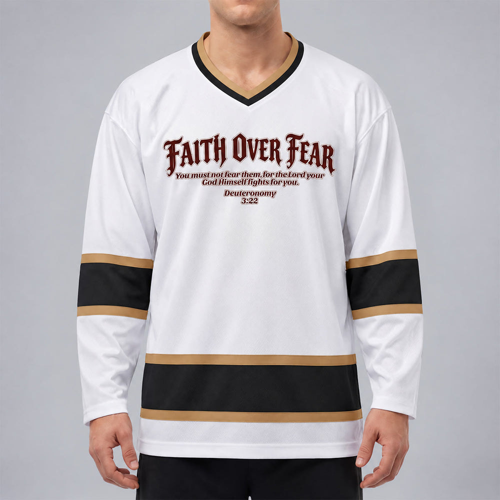 Christianartworkshop Faith Over Fear Gold Trim Long Sleeve Hockey Jersey - image 1