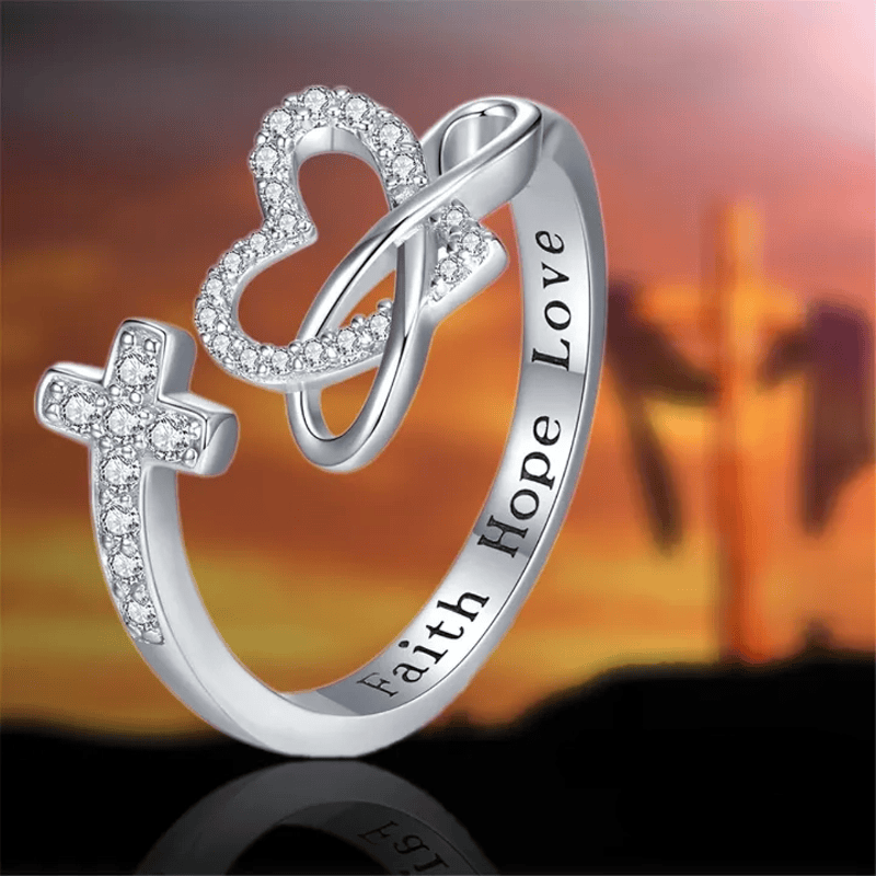 Christianartworkshop Faith Hope Love Engraved Adjustable Alloy Cross & Infinity Heart Ring - Cross(Suitable for US Size 6 - 9 ) - image 0