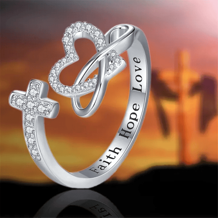 Christianartworkshop Faith Hope Love Engraved Adjustable Alloy Cross & Infinity Heart Ring - Cross(Suitable for US Size 6 - 9 ) - image 0