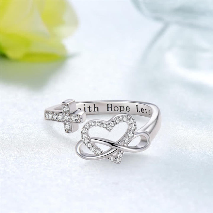 Christianartworkshop Faith Hope Love Engraved Adjustable Alloy Cross & Infinity Heart Ring - image 2