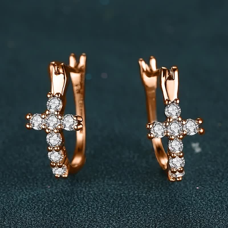 Christianartworkshop Sparkling Zircon Cross Copper Huggie Earrings - image 6