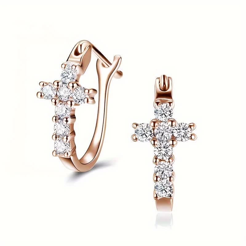 Christianartworkshop Sparkling Zircon Cross Copper Huggie Earrings - Rose Gold - image 5