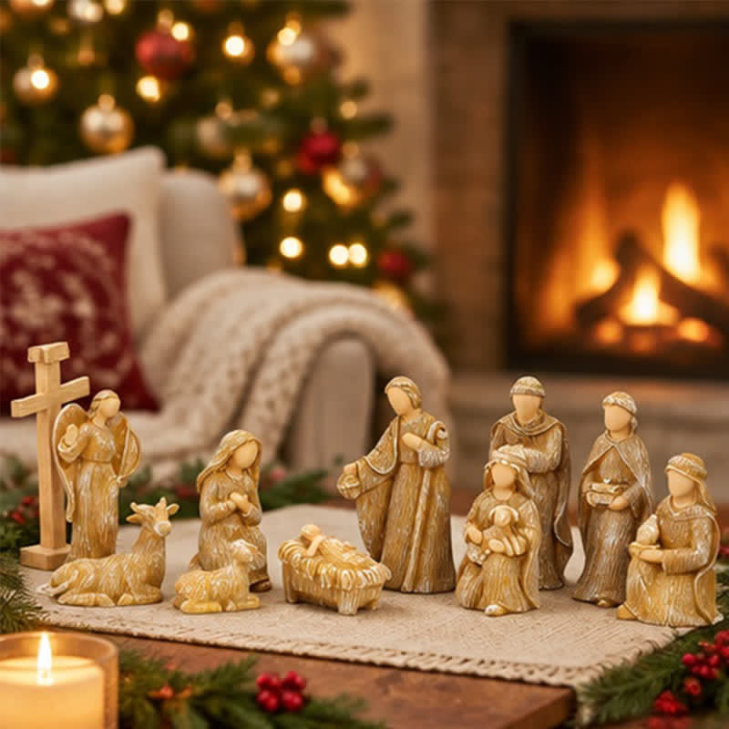 Christianartworkshop Wood Textured Resin Nativity Figurine Set: Emblem of Timeless Heavenly Promise - Nativity 10Pcs/Set - image 0