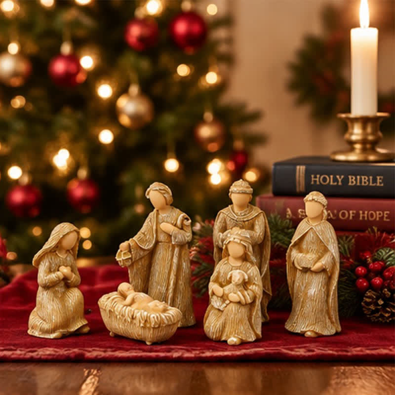Christianartworkshop Wood Textured Resin Nativity Figurine Set: Emblem of Timeless Heavenly Promise - image 2