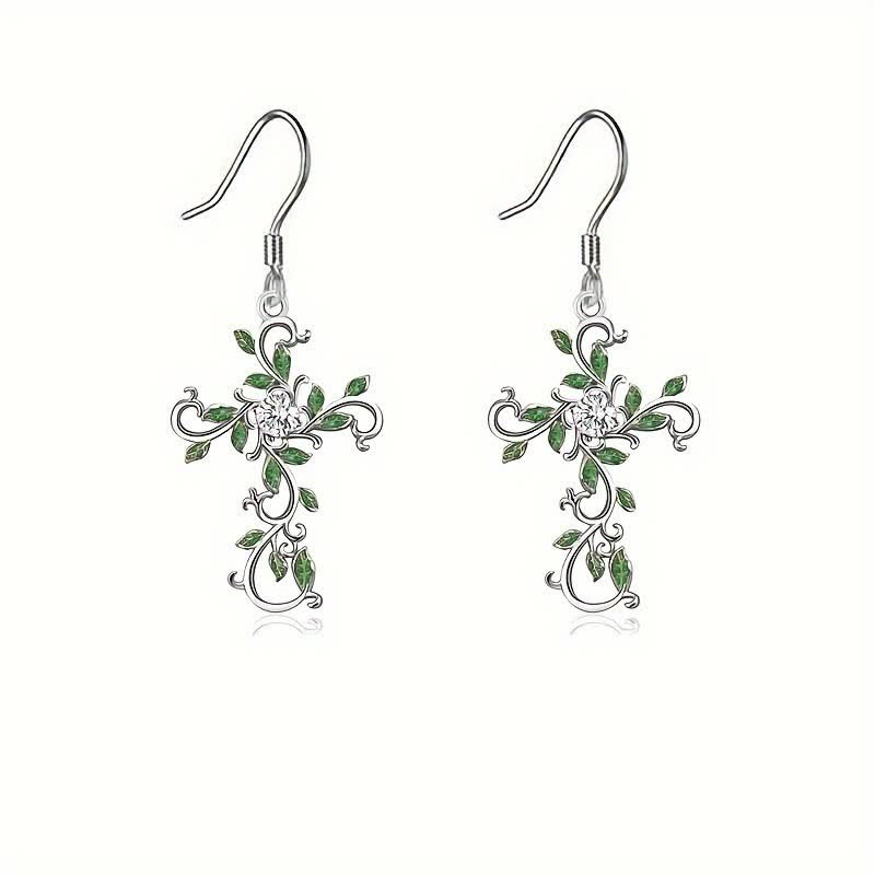 Christianartworkshop Openwork Scroll Vine Cross Gem Pendant & Earring Set - Silver - Earrings - image 6