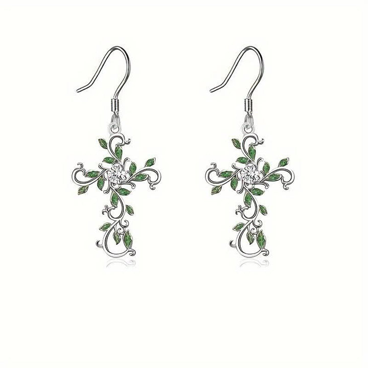 Christianartworkshop Openwork Scroll Vine Cross Gem Pendant & Earring Set - Silver - Earrings - image 6
