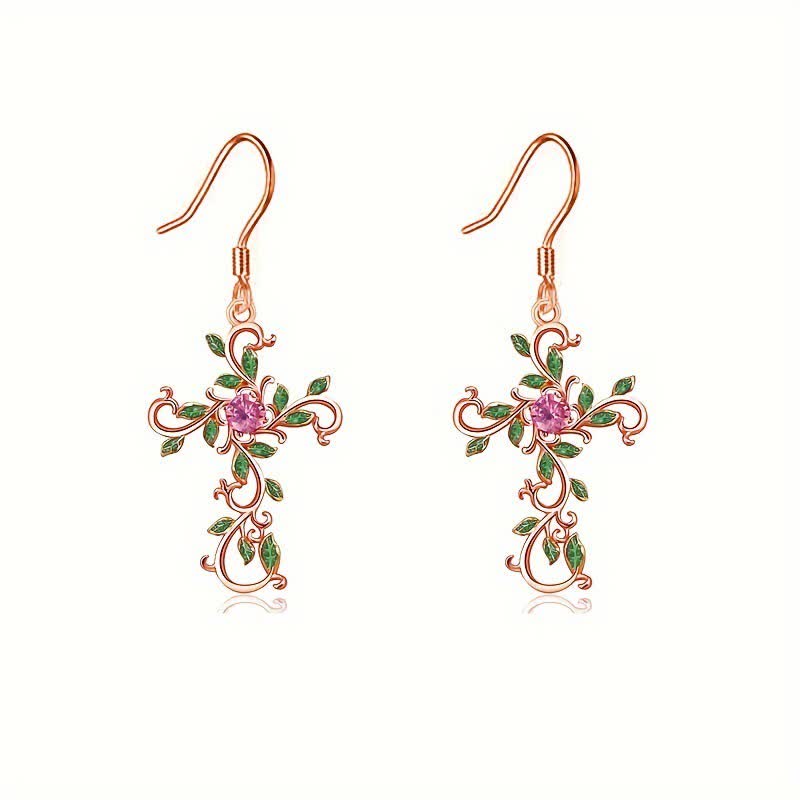 Christianartworkshop Openwork Scroll Vine Cross Gem Pendant & Earring Set - Rose Gold - Earrings - image 5